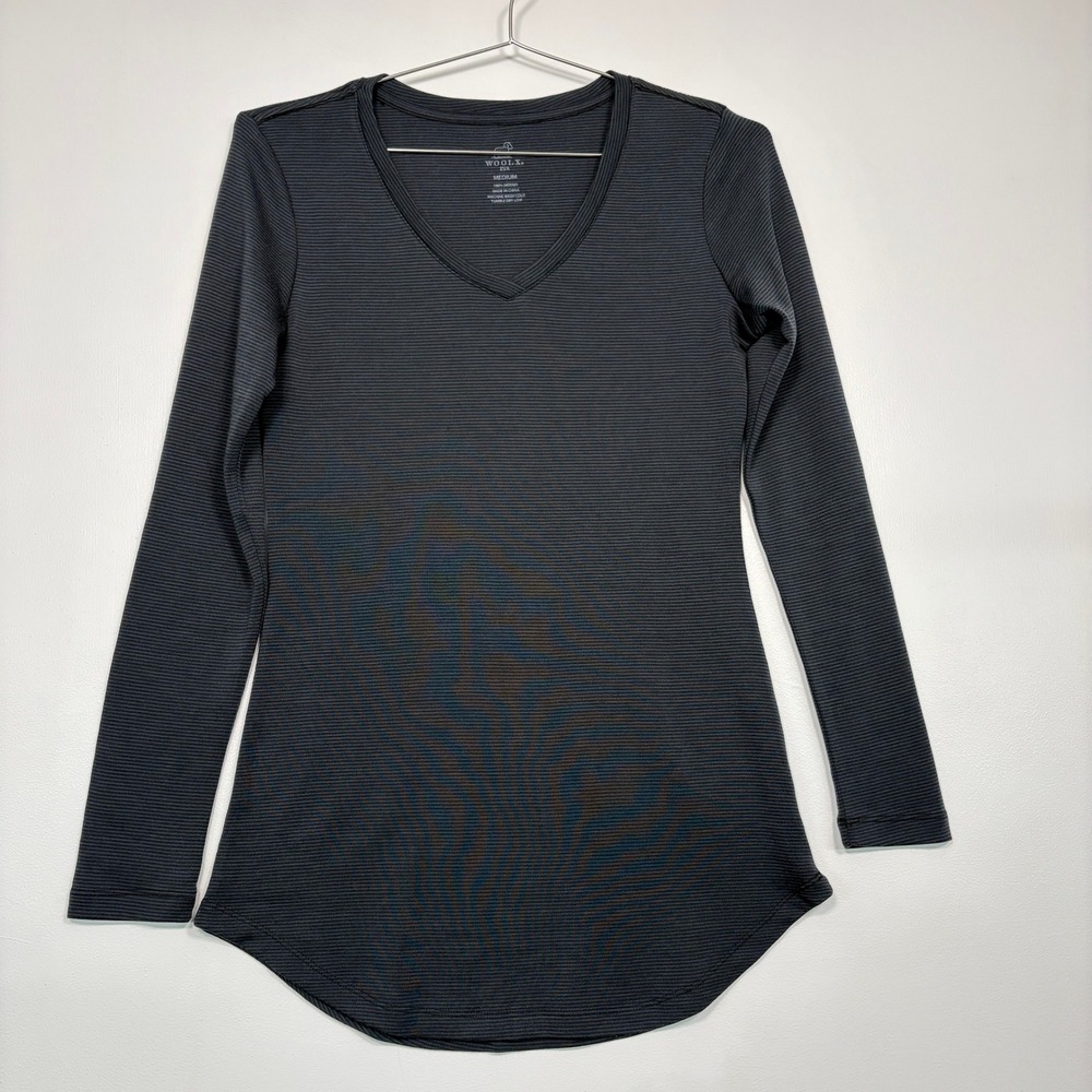 Woolx Women Eva V-Neck Top Medium Grey 100% Merino Wool Long Sleeve Curved Hem